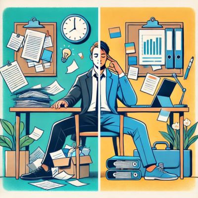 Split-screen illustration showing the difference between working with and without accountability, comparing a cluttered desk with a stressed individual to an organized workspace with a confident, focused person.
