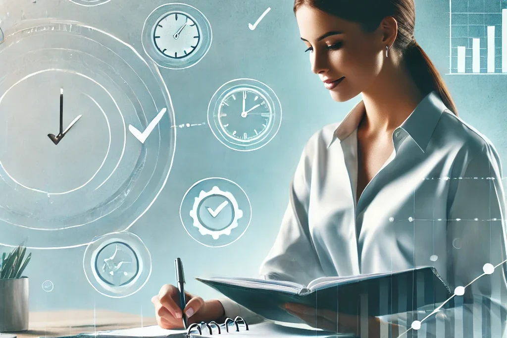 A confident female professional sitting at a desk using a planner, surrounded by symbols of productivity such as checkmarks, clocks, and graphs, in a modern, clean, and slightly abstract style.